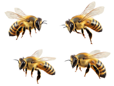  Set of honey bee landing on white background. 