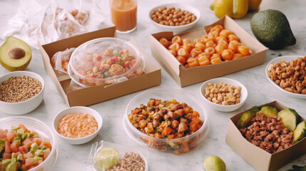 Delicious assortment of healthy meal prep options, featuring colorful salads, grains, and snacks in eco friendly containers. Perfect for balanced diet and convenient eating