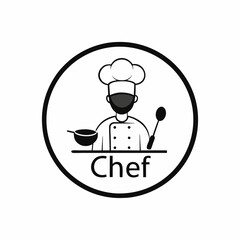a circular logo with a chef silhouette in the center, holding a frying pan and spoon