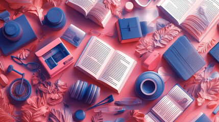 vibrant flat lay of various items including books, cameras, and stationery, showcasing creative workspace. colorful arrangement evokes inspiration and productivity