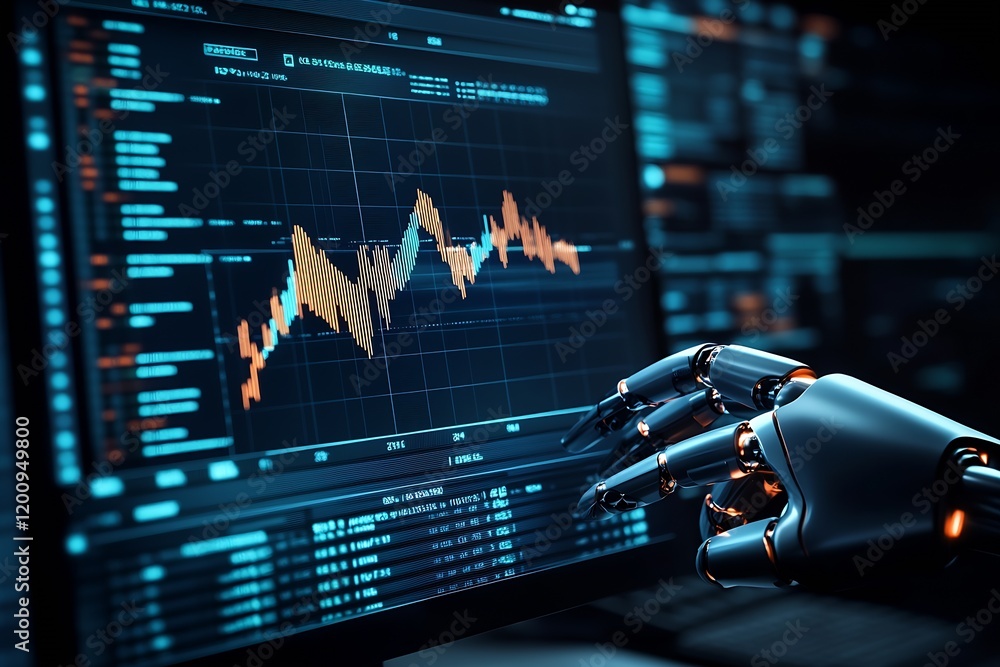 Fototapete Robotic hand analyzing stock market data on multiple monitors for financial trends : Generative AI