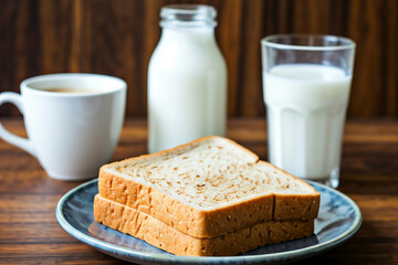 A nutritious and balanced breakfast of coffee, milk, and whole wheat toast. 