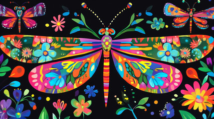 Mexican cartoon bright dragonflies with ethnic floral ornaments. Vector insects on black background with wings and bodies, decorated by colorful flowers and geometric motif, Mexico festive