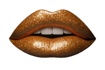 Close-Up of Lips with Glittery Metallic Gold Lipstick. Isolated on Transparent Background. Cutout. PNG.