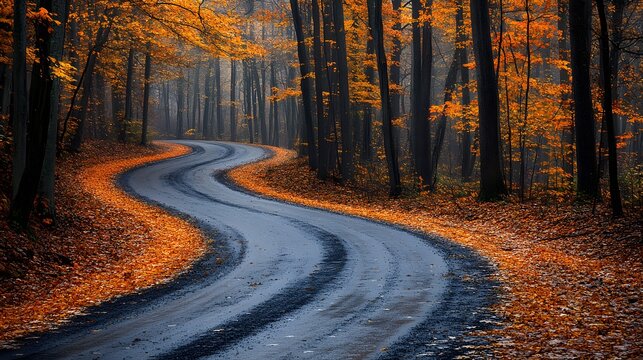 Winding asphalt road in the forest between orange trees