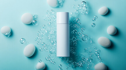 minimalist beauty product surrounded by bubbles and stones, creating fresh and clean aesthetic. Ideal for skincare or cosmetic branding