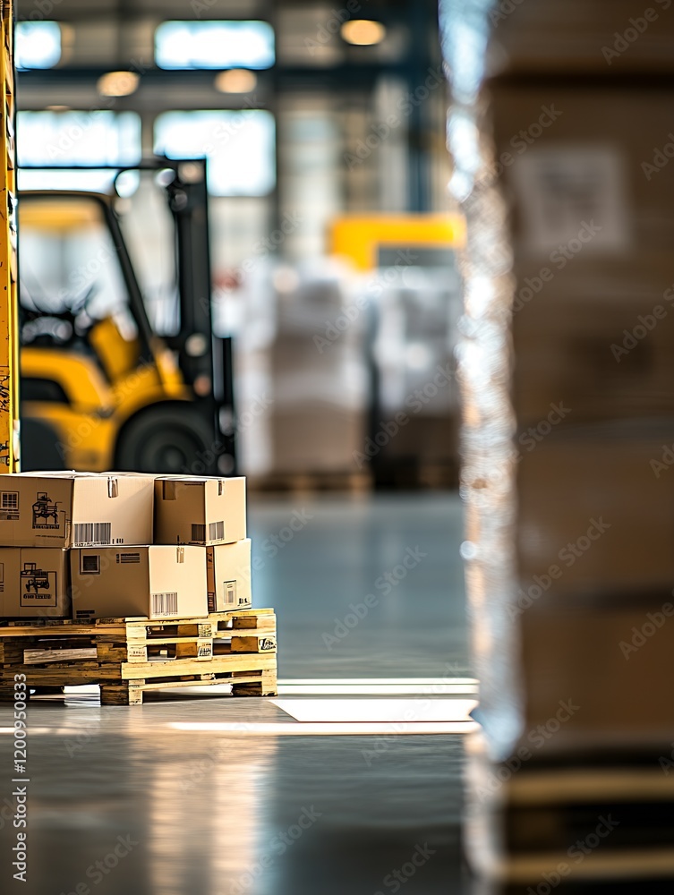 Poster warehouse with palletized goods ready for transport and yellow forklift operating in the background 