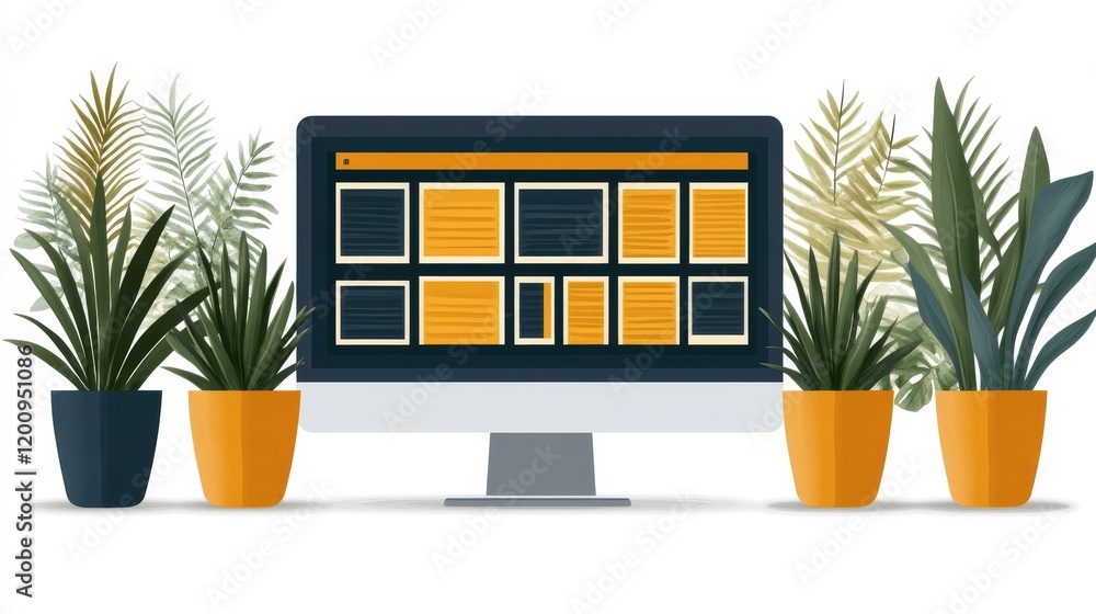 Poster modern desktop computer displaying a website with potted plants