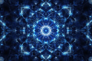 A futuristic design with glowing blue circular lines forming intricate geometric patterns on a dark blue background.