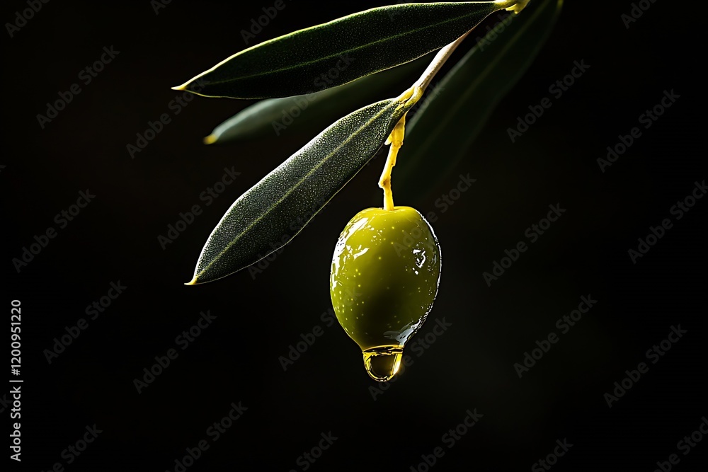 Poster Natural Olive with Water Drop on Tree Branch Highlighted on Black Background : Generative AI
