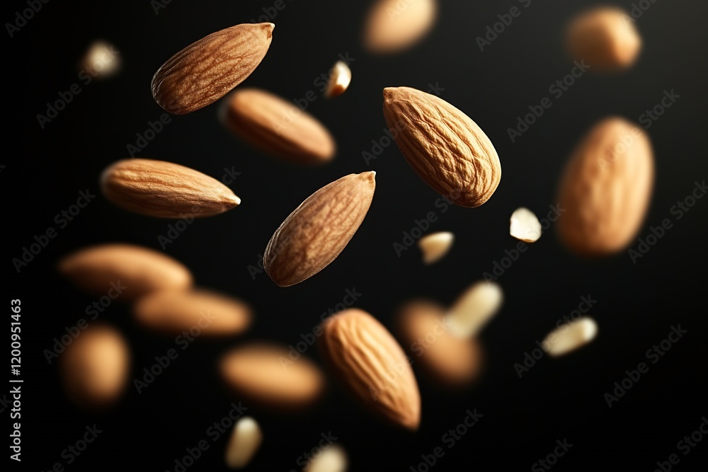 Poster suspended almonds with sharp detail and blurred background for food photography : generative ai