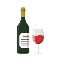 Wine bottle with glass icon in flat style. Alcohol drink vector illustration on isolated background. Champagne beverage sign business concept.