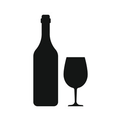 Wine bottle with glass icon in flat style. Alcohol drink vector illustration on isolated background. Champagne beverage sign business concept.