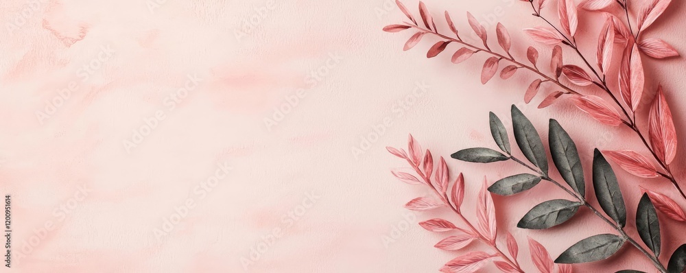 Poster light pink watercolor idea. soft pastel background with delicate leaves creating a serene and calmin