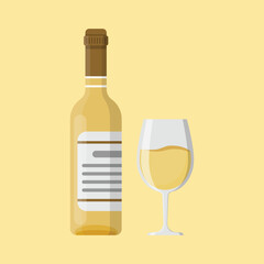 Wine bottle with glass icon in flat style. Alcohol drink vector illustration on isolated background. Champagne beverage sign business concept.