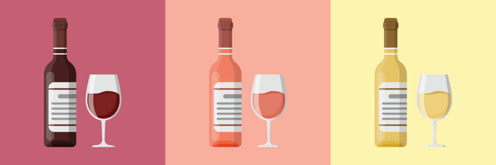 Wine bottles with glasses icon in flat style. Alcohol drink vector illustration on isolated background. Champagne beverage sign business concept.