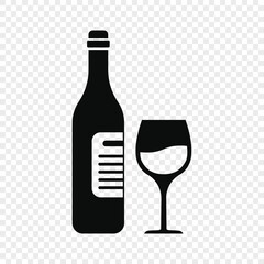 Wine bottle with glass icon in flat style. Alcohol drink vector illustration on isolated background. Champagne beverage sign business concept.