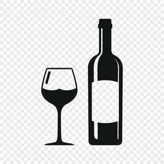 Wine bottle with glass icon in flat style. Alcohol drink vector illustration on isolated background. Champagne beverage sign business concept.