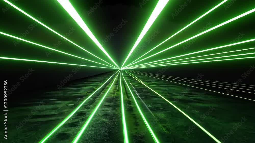 Poster bright green laser beams create dynamic patterns, reflecting the futuristic themes of technology and