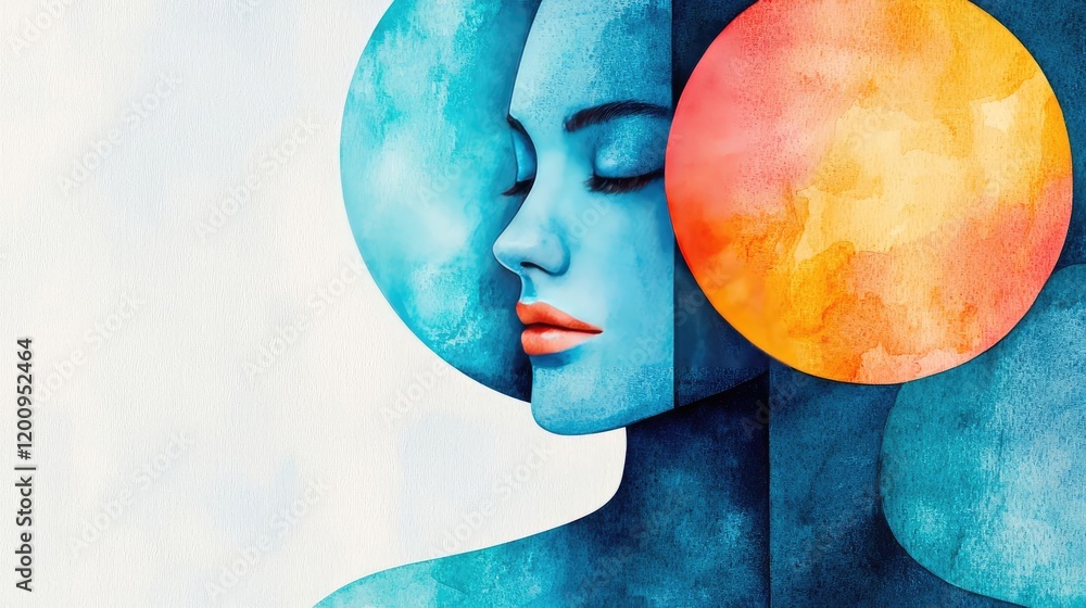 Poster geometric watercolor concept. a serene watercolor portrait exploring themes of tranquility and inner