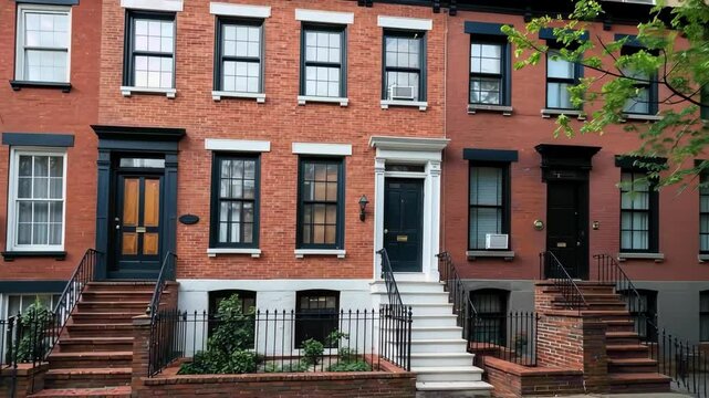 Brick building facade features symmetrical architecture with plants, stairs, and urban setting showcasing a vibrant residential atmosphere