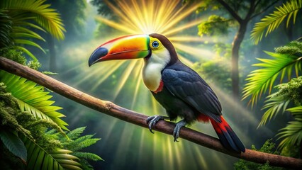 Obraz premium Aerial View of Vibrant Toucan in Lush Rainforest Canopy
