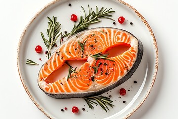 Tasty Grilled Salmon Slice with Rosemary and Herbs Served on Stylish Plate : Generative AI