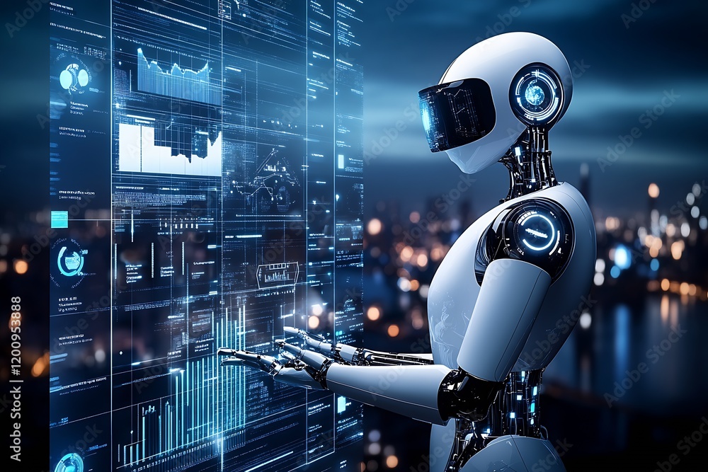 Poster Advanced AI Robot Interacting with Futuristic Data Interface at Night in Cityscape : Generative AI