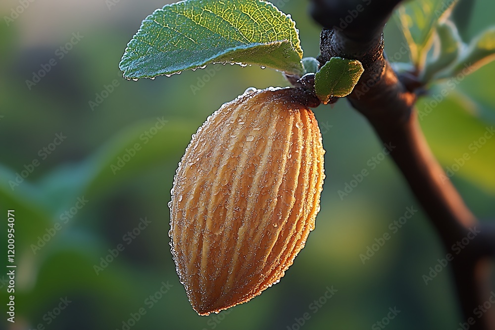 Aufkleber Detailed Macro Shot of a Dew-Drop Almond on a Tree with Texture and Leaf Background in Natural Setting : Generative AI