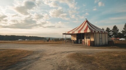 Rustic striped tent stall in a field at sunset.