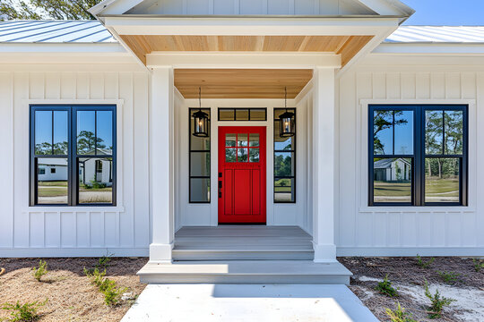 Red front door of modern farmhouse with white porch and flower pots