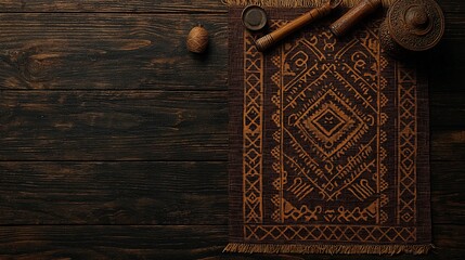 Flatlay of ornate rug, wooden tools, and nut on dark wood.