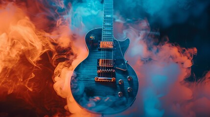 Blue and orange smoke filled around a guitar