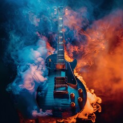 Blue and orange smoke filled around a guitar