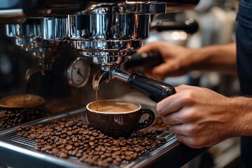 A barista grinds coffee beans in an elegant coffee shop. Generative AI