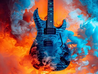 Blue and orange smoke filled around a guitar