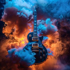 Obraz premium Blue and orange smoke filled around a guitar