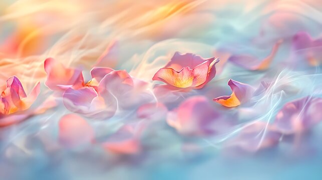 A gentle drift of pink rose petals through a soft pastel background filled with light and tranquility