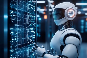 Futuristic Artificial Intelligence Robot in Data Center with Digital Interface : Generative AI