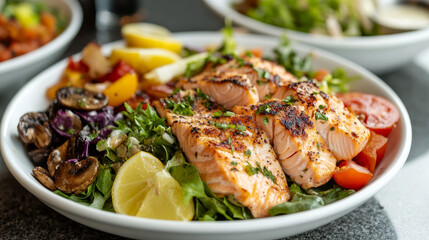 Lunch with soup and salad dishes icon of pasta salad with cheese, tomato and olive, mushroom soup and pie, salmon salad, beet and pumpkin soups, carrot salad with fruit and nuts, marinated beet snack