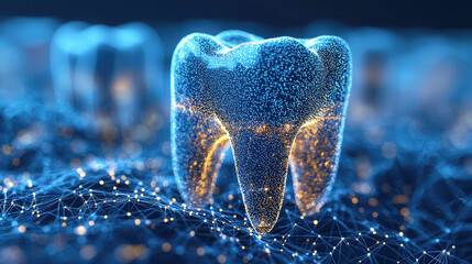Glowing digital tooth model on network background.  Detailed 3D rendering of a human molar, showcasing dental health and technology.