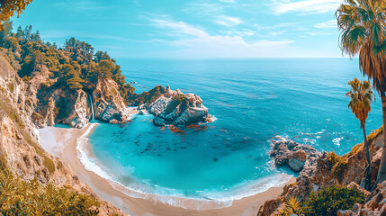 Fototapeta premium panoramic shot of tropical beach with turquoise water, rocky cliffs, and lush greenery creates serene and inviting atmosphere
