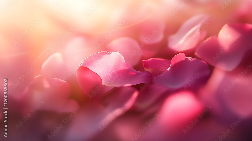 Wall mural a soft array of pink rose petals drifting gently on a light-filled background creating a tranquil ef