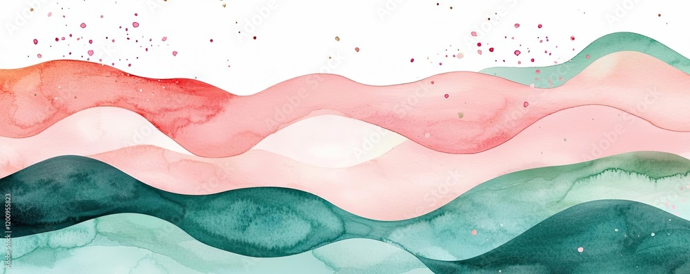Poster Geometric watercolor concept. Abstract watercolor waves in soft colors create a serene and calming visual effect.