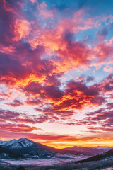 Obraz premium Breathtaking mountain landscape at sunset with vibrant orange, pink, and purple clouds illuminating the sky.
