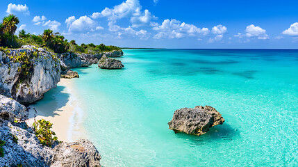 Fototapeta premium panoramic shot of tropical beach with turquoise water, rocky coastline, and lush greenery under bright blue sky