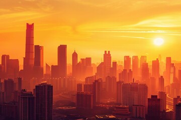 Golden cityscape at sunset, with skyscrapers glowing in warm hues, representing urban beauty and vibrancy.