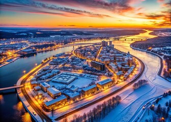 Aerial Winter Sunset over Perm City & Kama River, Russia - Urban Dusk Landscape