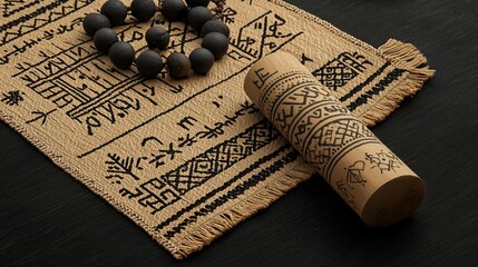 Fototapeta premium Mystical beige fabric with ancient symbols, a scroll, and dark beads.