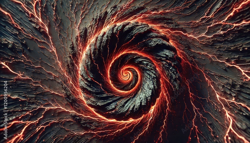 Poster a swirling vortex of dark grey and red textured cracks...concept: abstract design, dynamic pattern, 